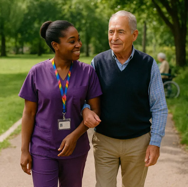 Astar Homecare carer sharing a walk with an elderly man outdoors, offering companionship and social support services.