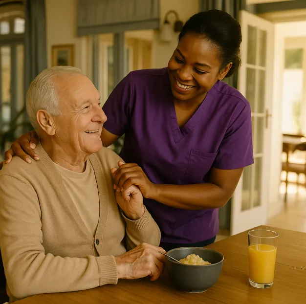 Astar Homecare dementia care: smiling caregiver supporting an elderly woman with dementia at home