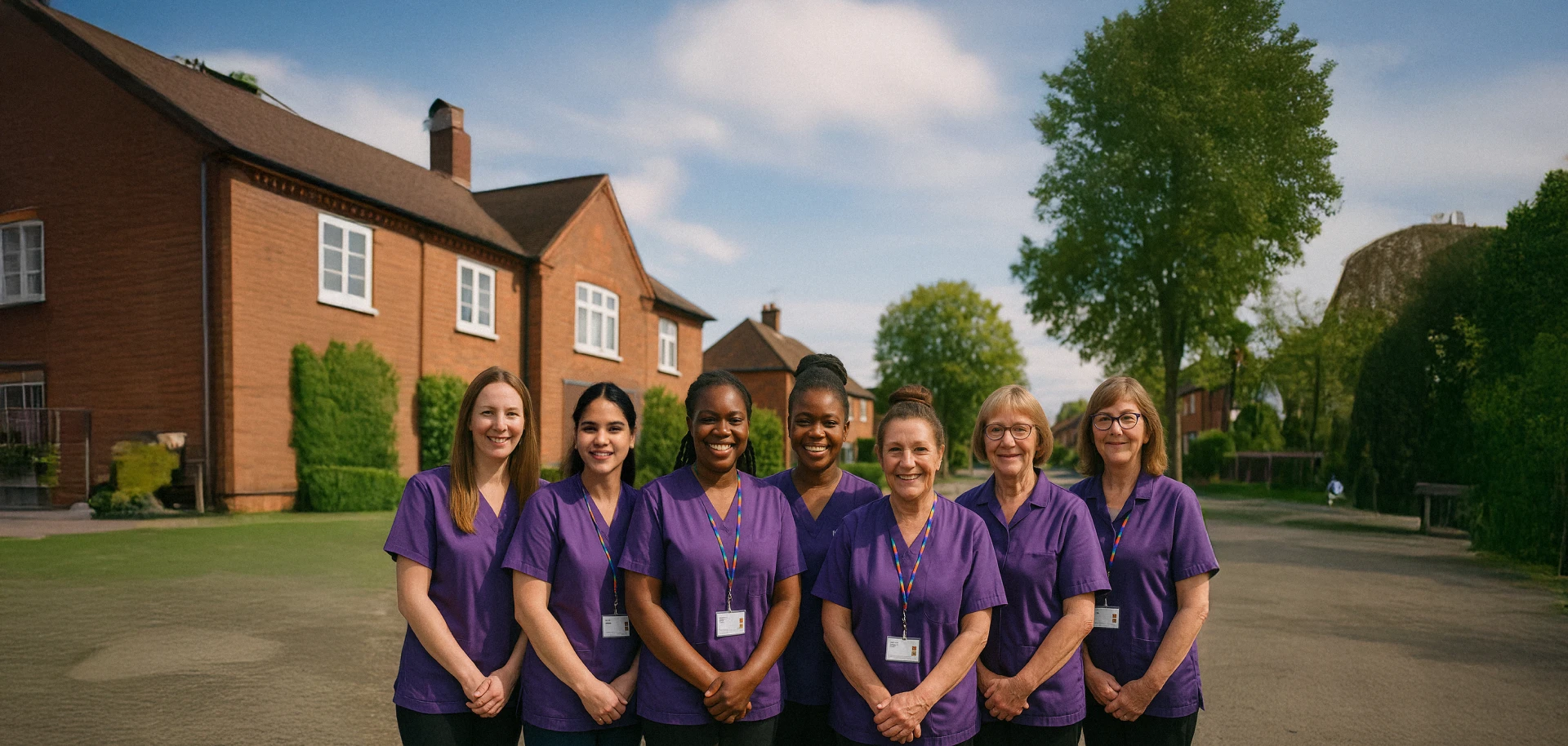 Group photo of eight smiling Astar Homecare team members in turquoise uniforms, standing together outdoors in a garden setting.