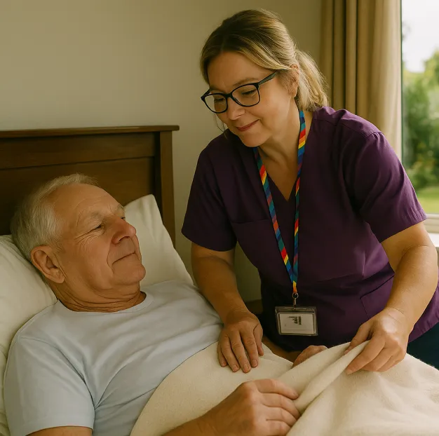 Astar Homecare carer comforting an elderly woman in bed, offering compassionate palliative care during end-of-life support.