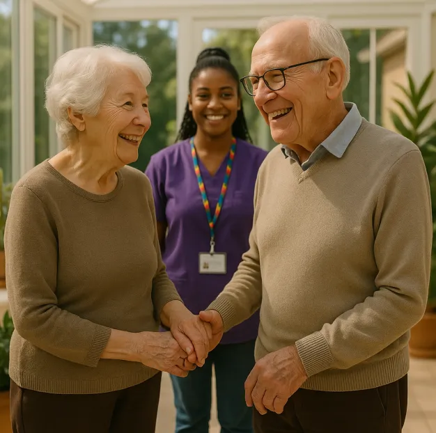 Astar Homecare reablement care: caregiver helping an elderly couple stand together with nurse support